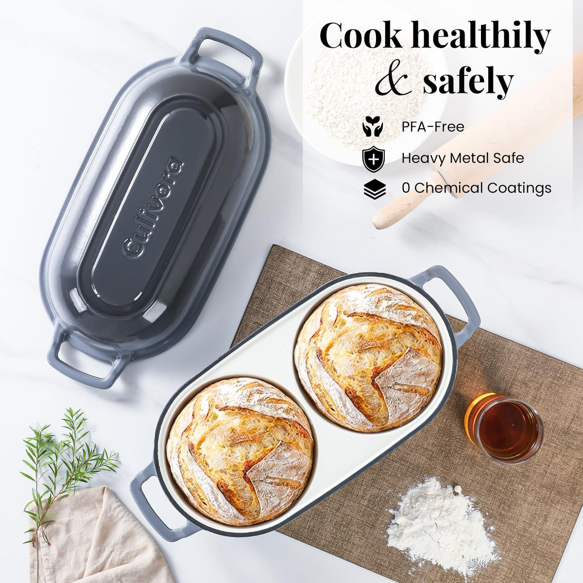 Cast Iron Double Dutch Oven, Mini Enamel Sourdough Bread Pan with Lid, Grey