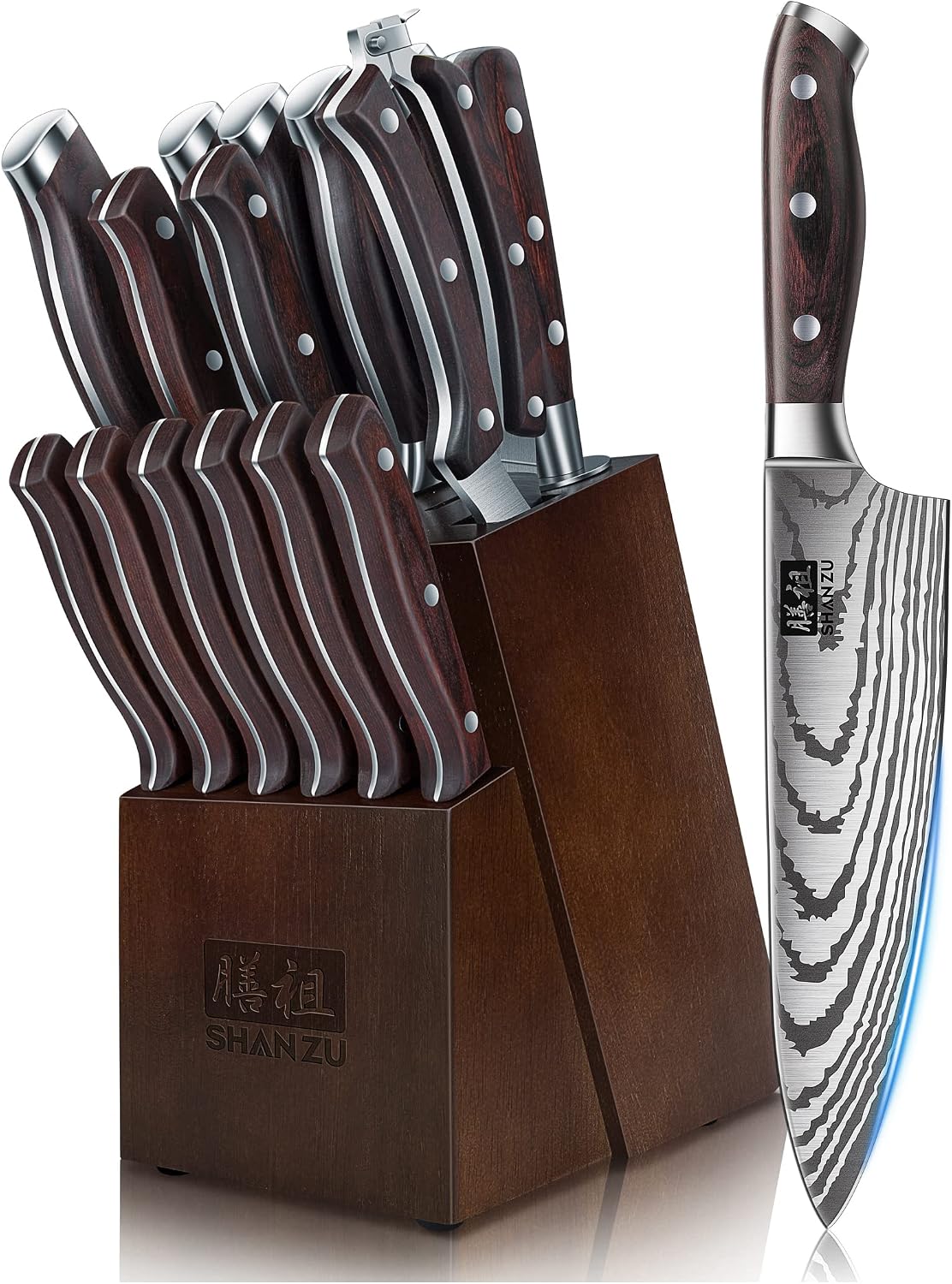 Knife Set 16 pcs, Japanese Kitchen Knife with Block High Carbon Stainless Steel Ultra Sharp Knife , Professional Chef