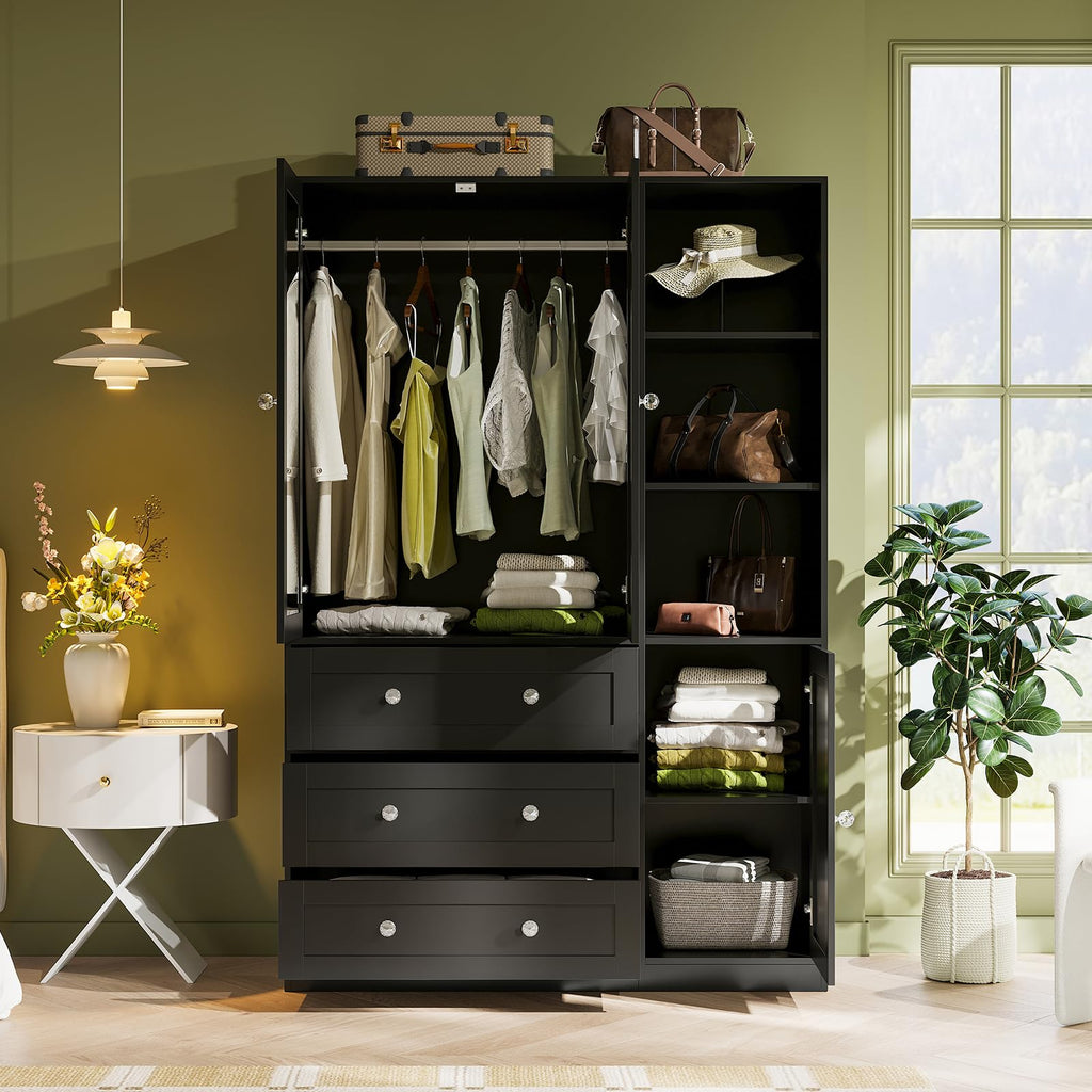 71"H Armoire Wardrobe Closet with Mirror and Open Shelves (2, Black)