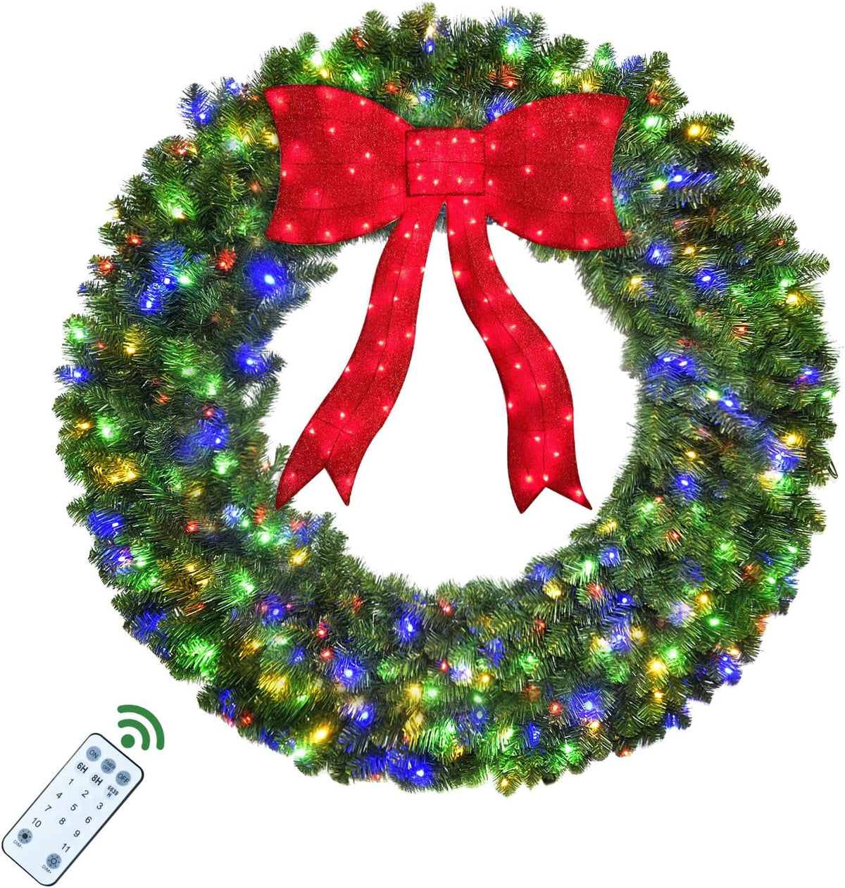 48in Pre-Lit Christmas Wreath with Bow - 270 Colorful LED Lights, 700 PVC Tips, Timer, Remote, Large Outdoor Holiday