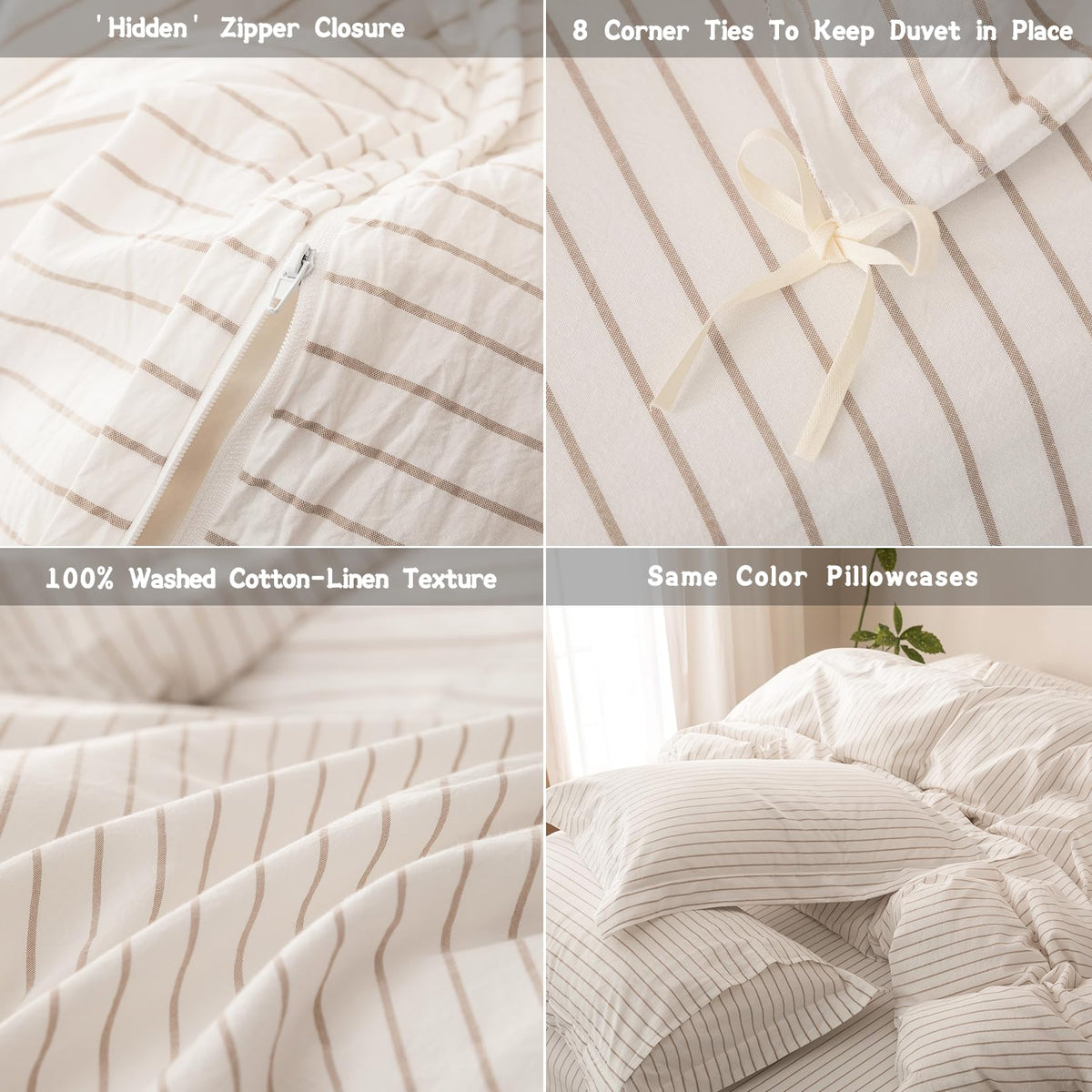 3Pcs Off White & Linen Grey Striped Duvet Cover Set