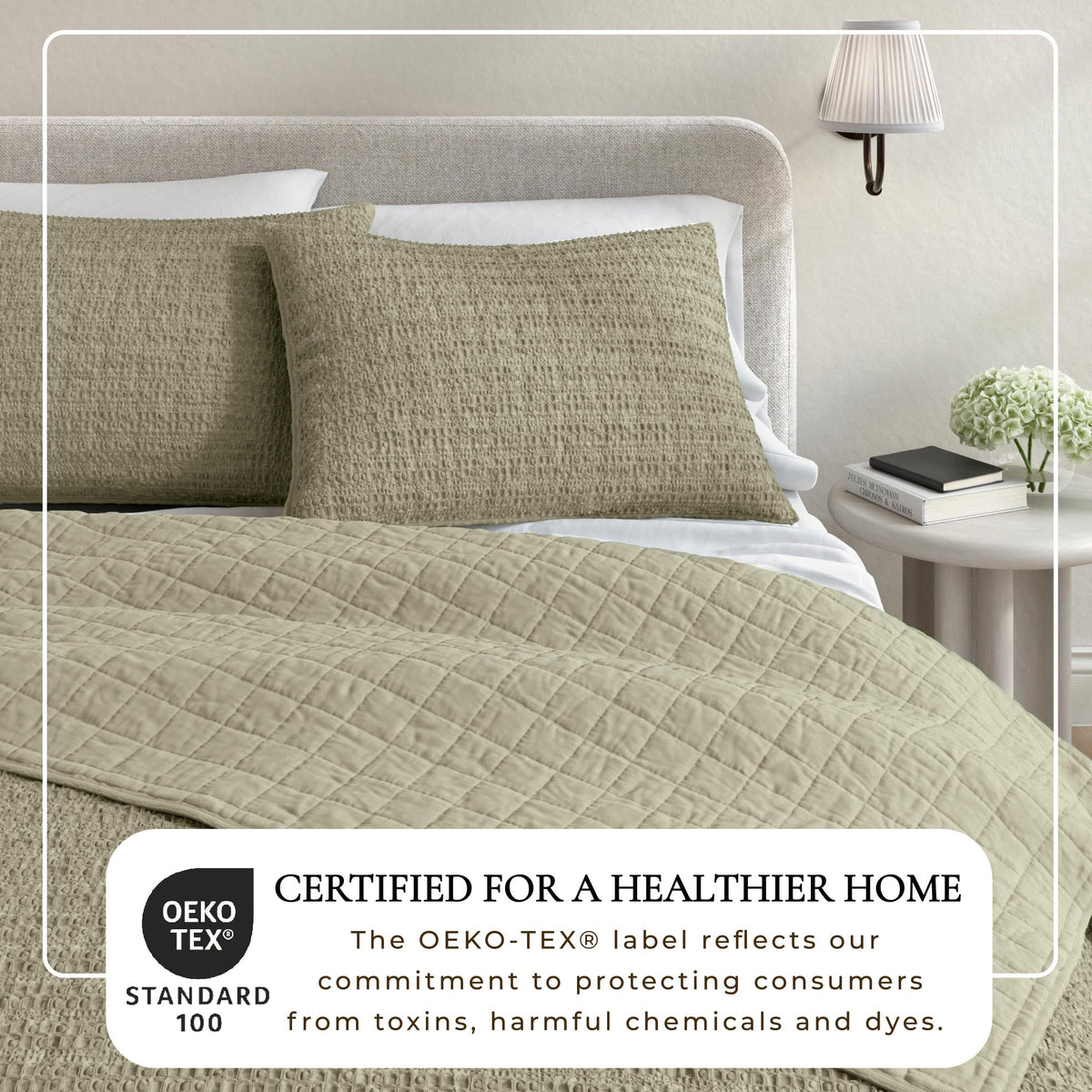Size Green 100% Cotton Honeycomb Waffle Quilt and Sham Set - Garment Washed, Waffle Weave Like Texture