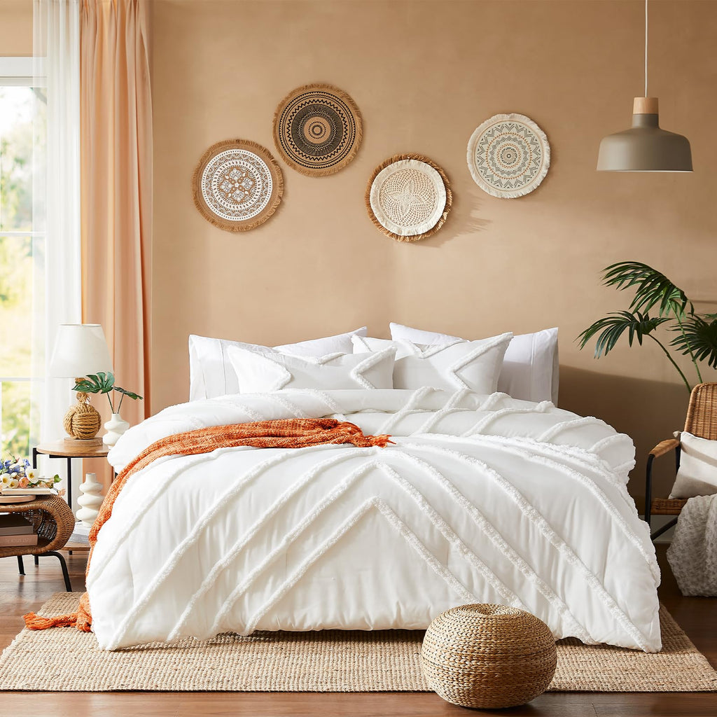 Queen Comforter Set Ivory Tufted Comforters Sets Bedding for Queen Bed 3PCS Boho Comforter Soft Fluffy Lightweight