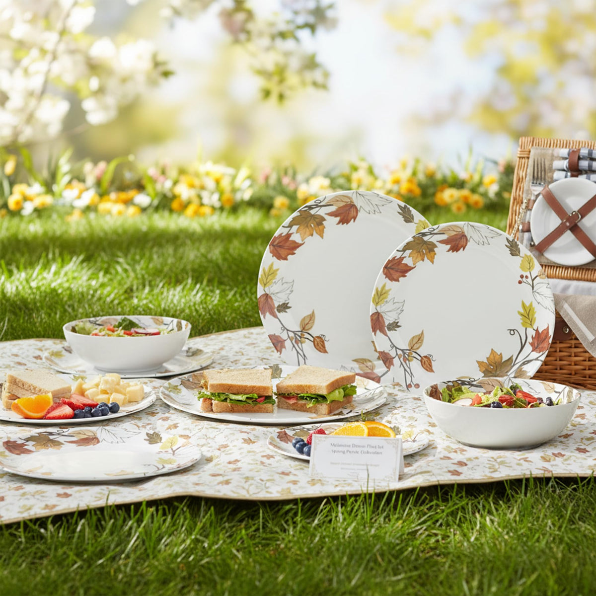 Melamine Dinnerware Set for 4, 12-Piece Fall Dishes, Yellow Maple Leaves