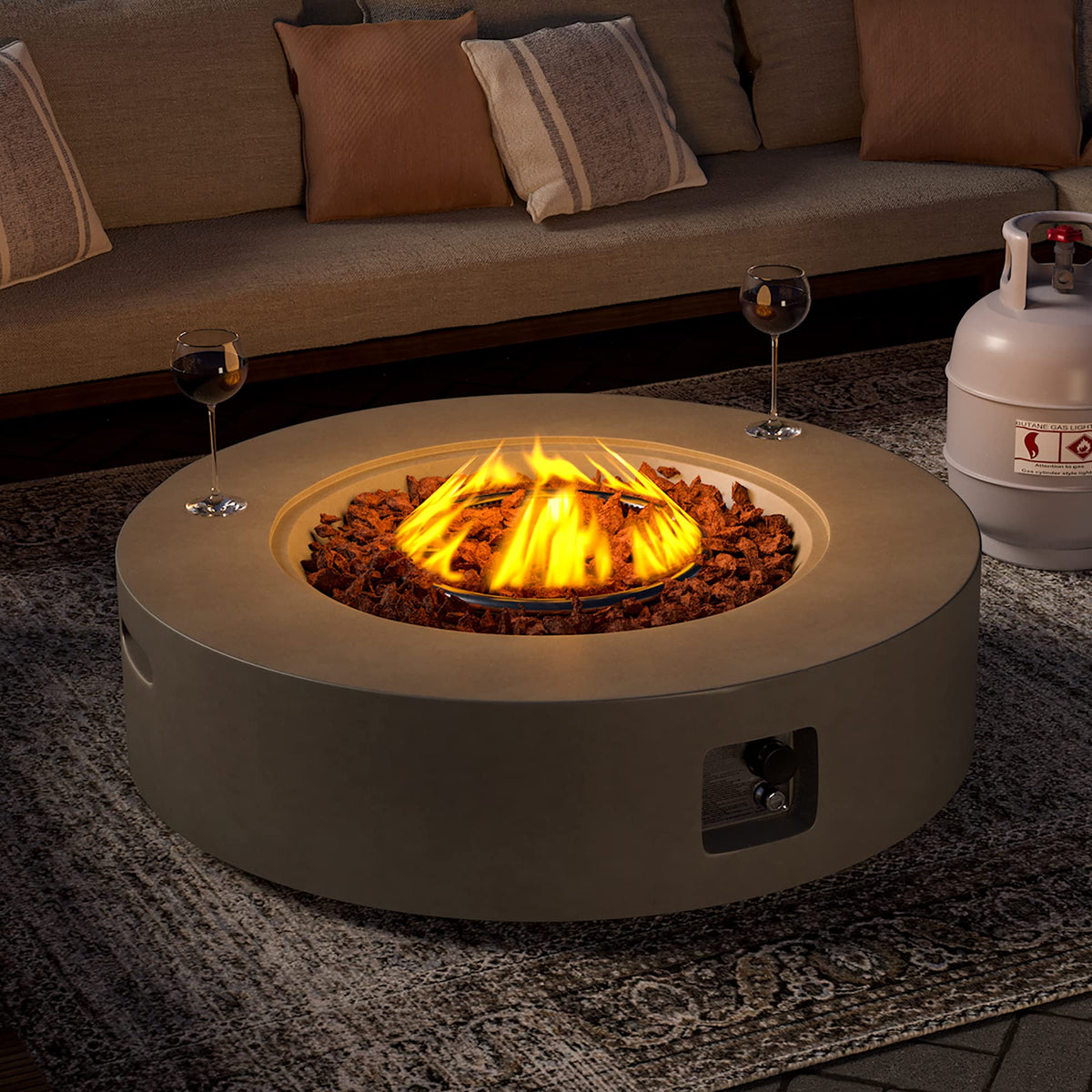 Outdoor 42" Fire Pit Table, 50000 BTU Gray Patio Fire Table, Concrete Round Gas Fire Table w Lava Rocks