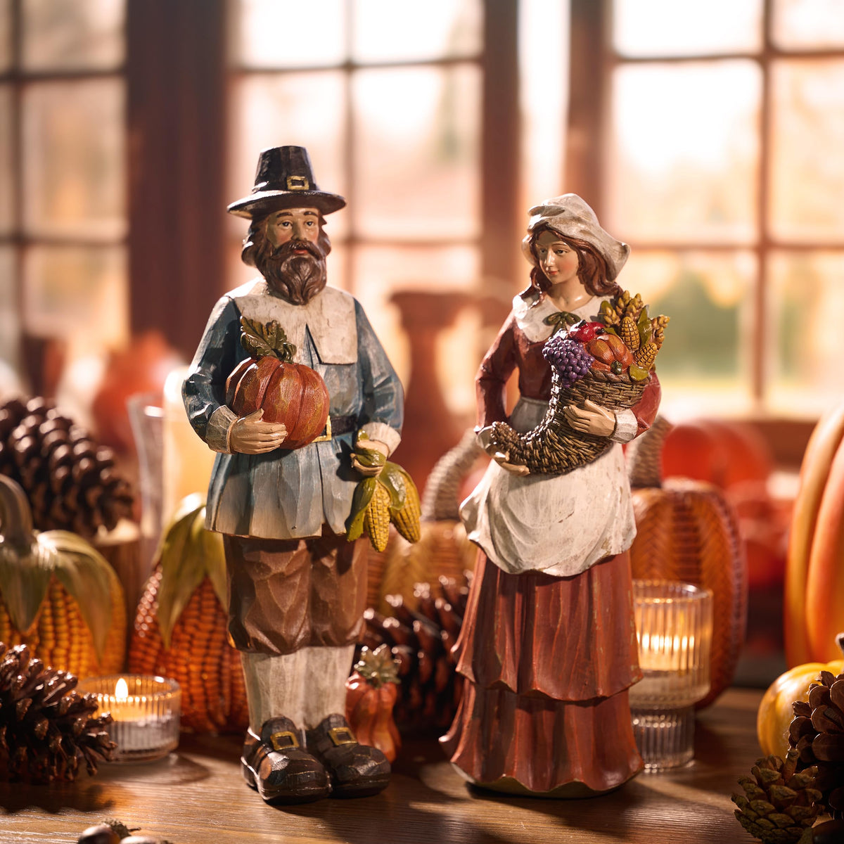 Fall Decorations, 2 Pcs Couple Fall Decor for Table Indoor Outdoor, Resin Thanksgiving Decorations Garden Pumpkins