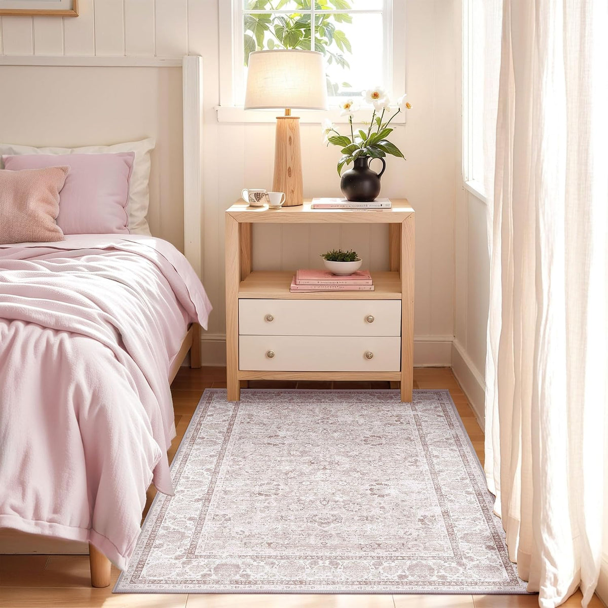 Light Pink Rugs Nursery Rug Vintage Aesthetic Cute Boho Floral Washable Area Rug Indoor Carpet for Kids Room
