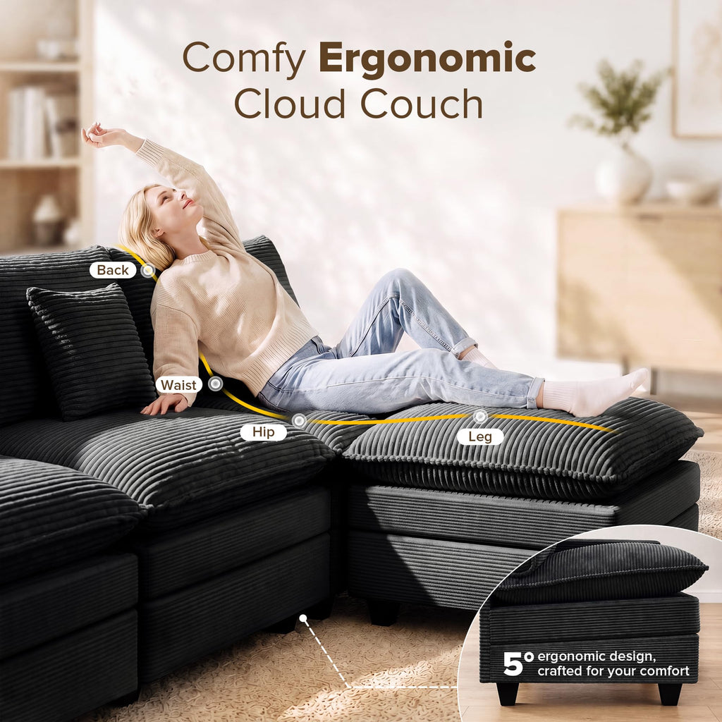 Oversized Cloud Couch Sectional, Deep Seat Modular Sofa with Ottoman, Black
