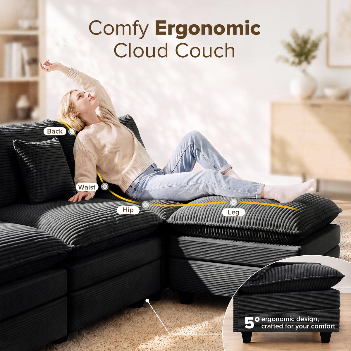 Oversized Cloud Couch Sectional, Deep Seat Modular Sofa with Ottoman, Black