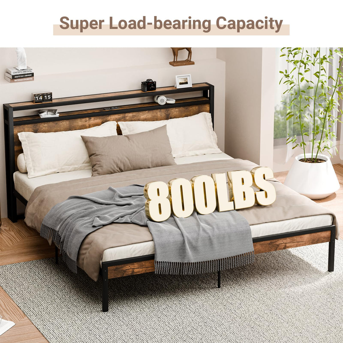Bed Frame with Headboard, with Charging Station, Metal Platform Bedframe No Box Spring Needed
