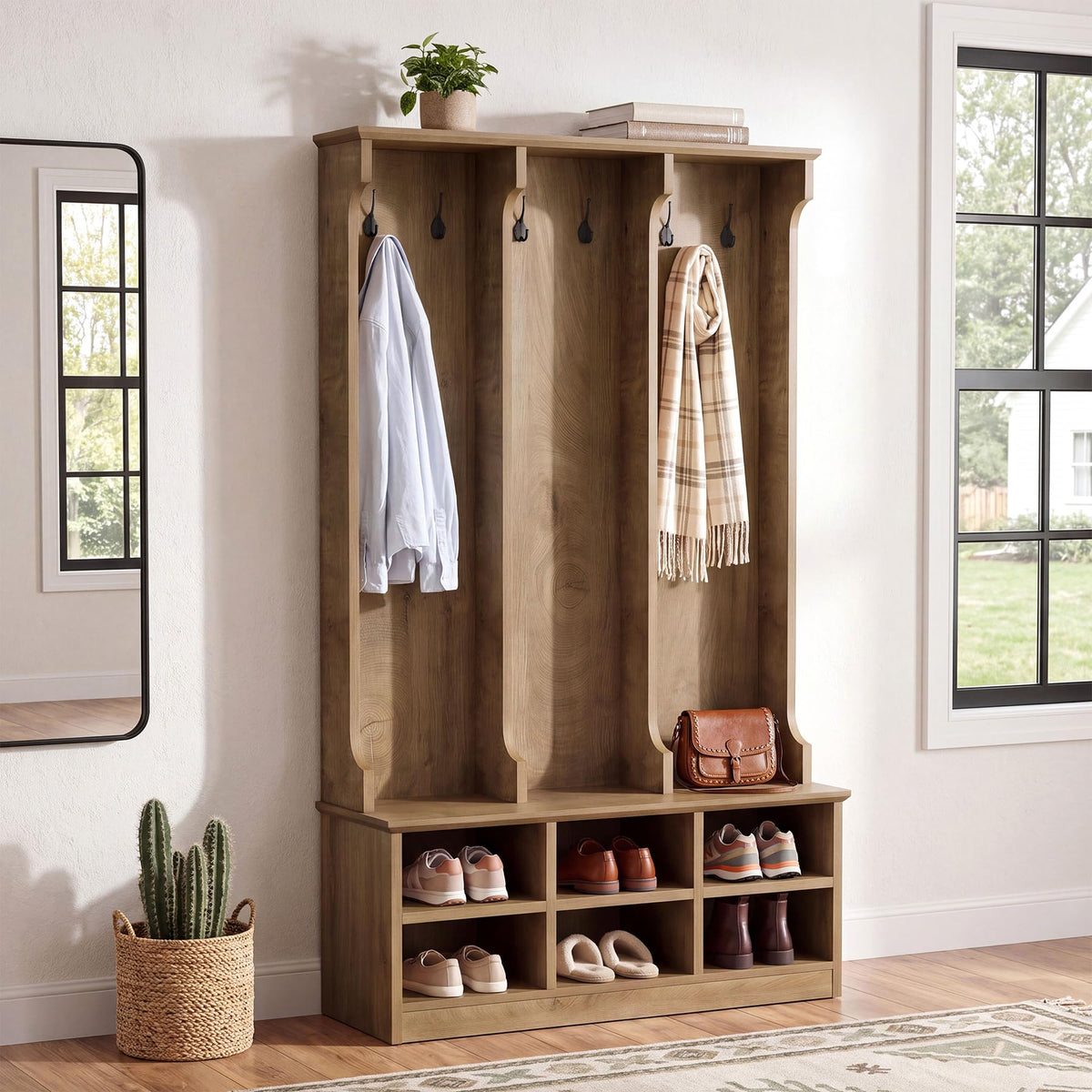 Hall Tree with Bench and Shoe Storage, Rustic Oak