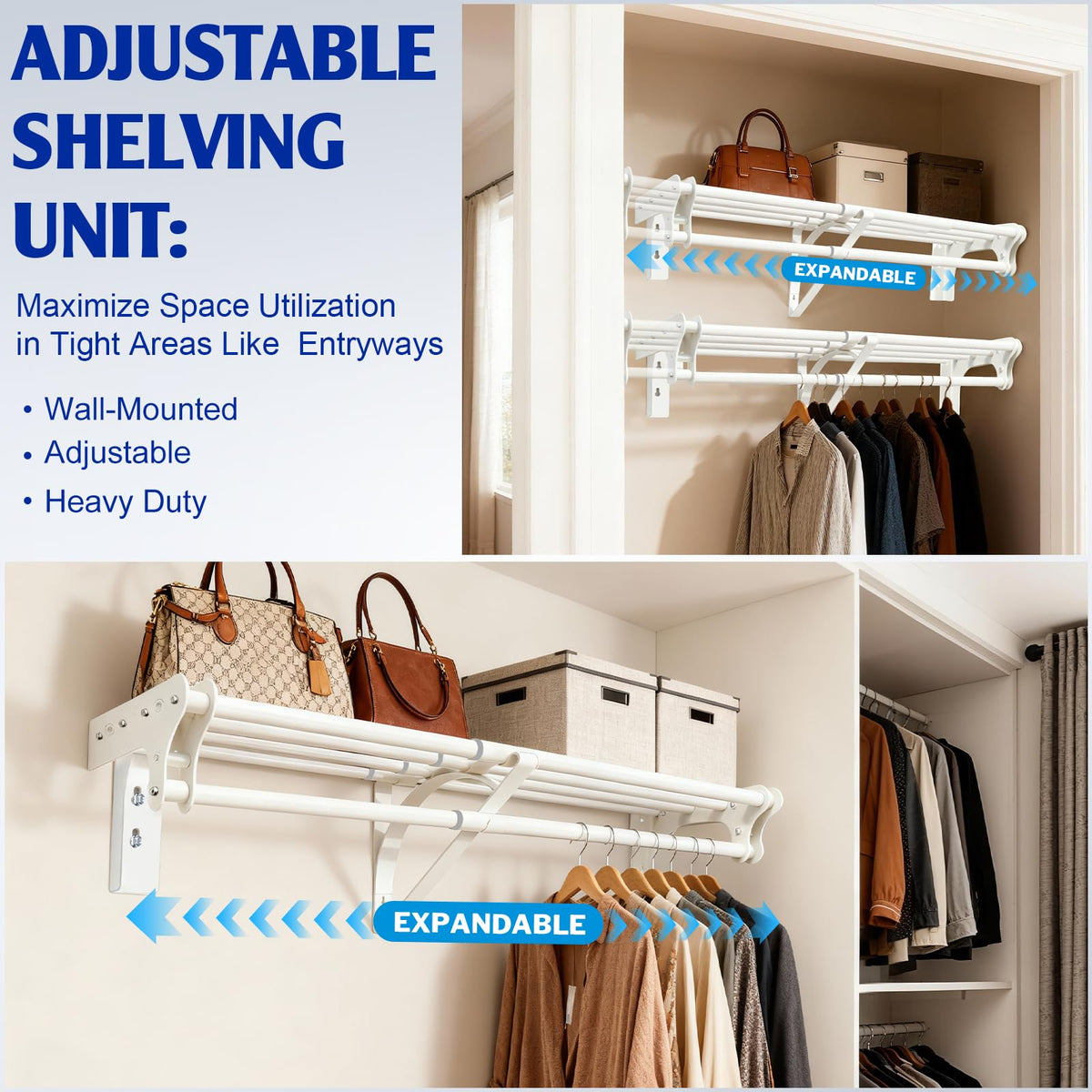 Closet Shelf with Hanging Rod, 52-95'' Expandable Closet Rod with Shelf