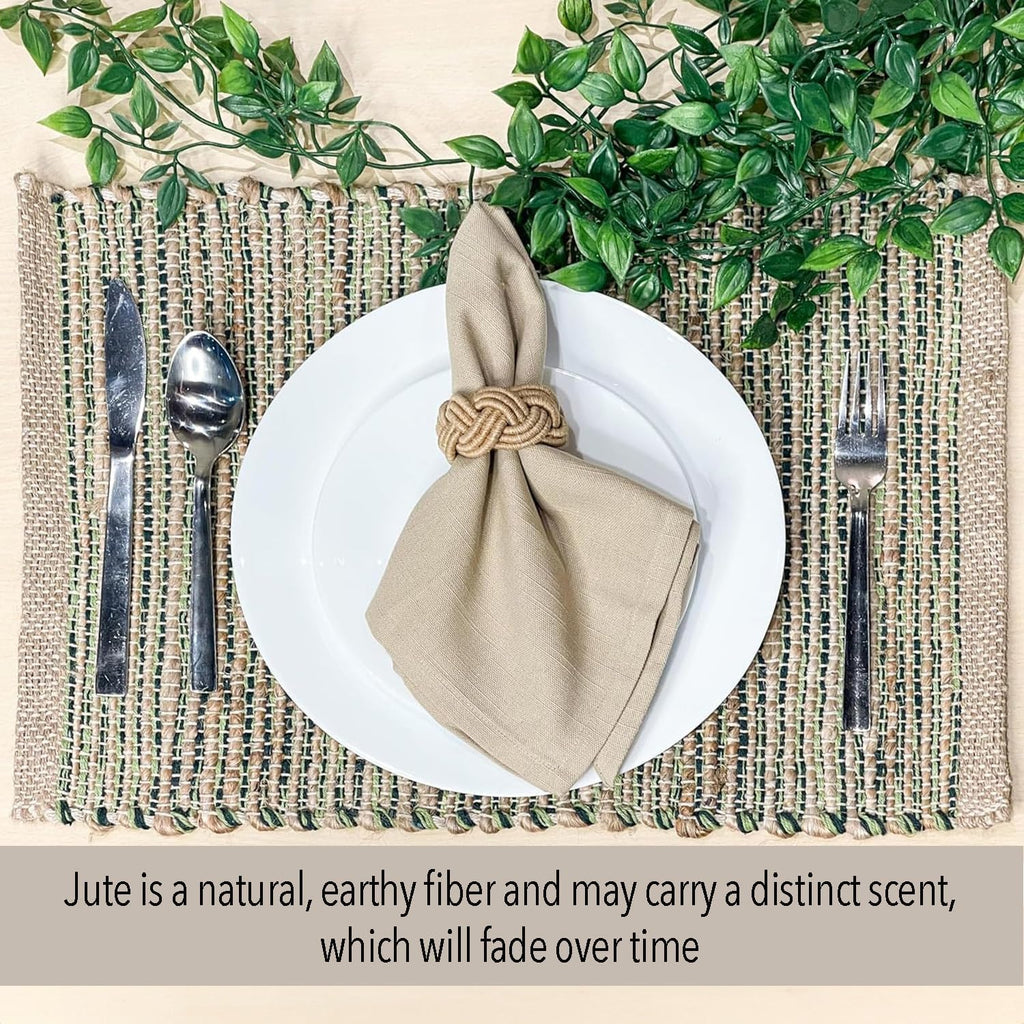 Natural Jute & Green Placemats, Set of 4 - Rustic Handmade Boho Table Mats, 13x19 Inch Dining Table Placemats