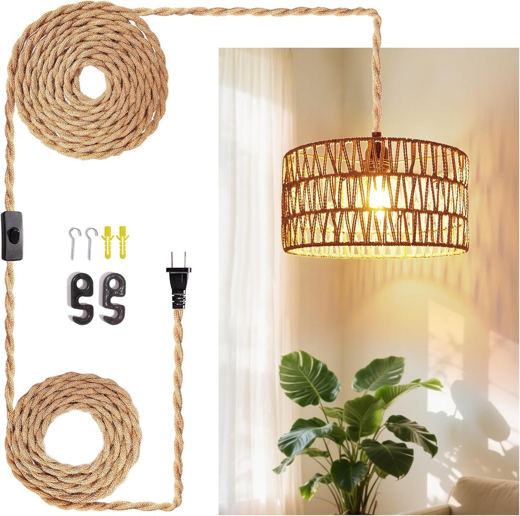 Hanging Light Ceiling Lamp Pendant Lights Rattan Hanging Lamp with Plug in Cord Bedroom Kitchen Indoor Hanging Lamp