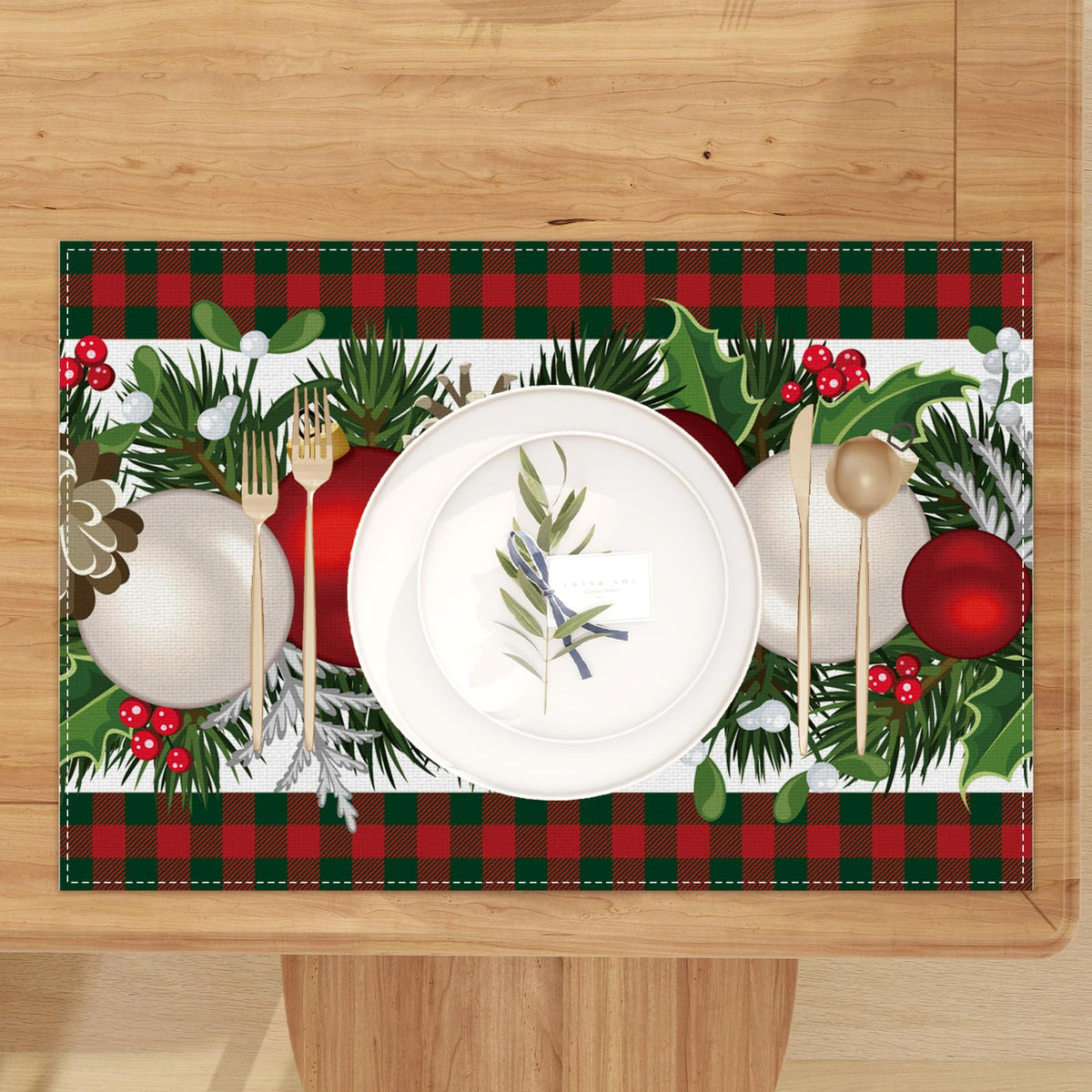 Linen Red and Green Buffalo Check Plaid Christmas Placemats Set of 4 Farmhouse Winter Christmas Xmas Holiday Home