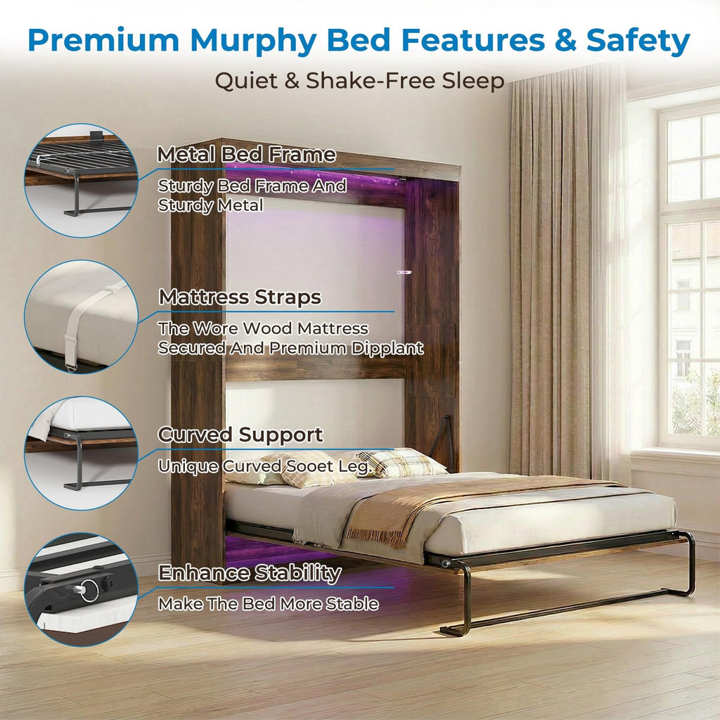 Queen Murphy Bed, Cabinet Wall Beds, Modern Vertical Murphy Chest Beds with Durable Gas-Lift, Space-Saving Hidden