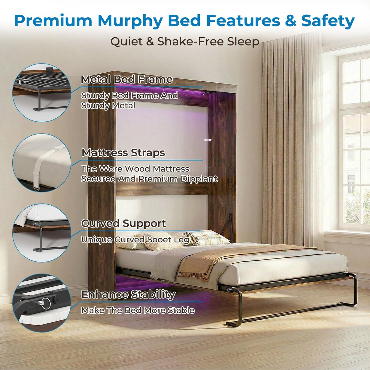 Queen Murphy Bed, Cabinet Wall Beds, Modern Vertical Murphy Chest Beds with Durable Gas-Lift, Space-Saving Hidden