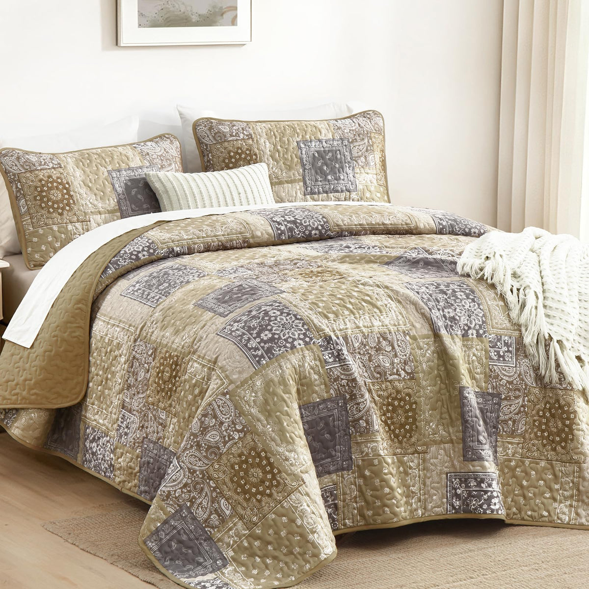 Boho Quilt Set, Beige Plaid Floral Bedspread Coverlet Set