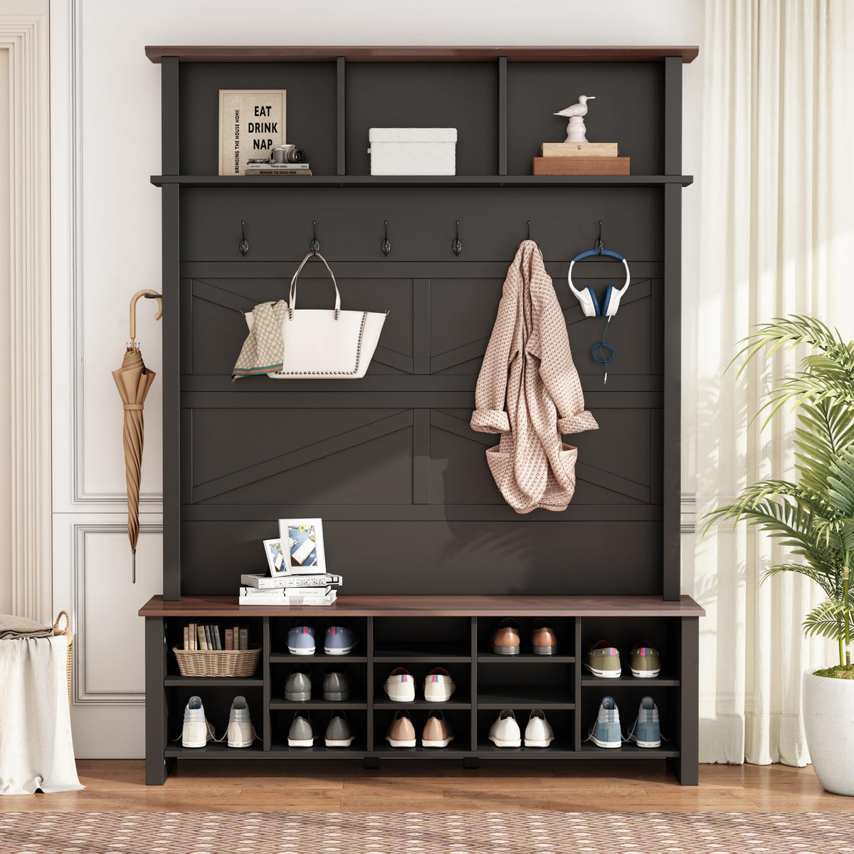 Wood Rustic Hall Tree Entryway Bench with 6 Hooks and Adjustable Shelves, Farmhouse Mudroom Versatile Coat Racks with