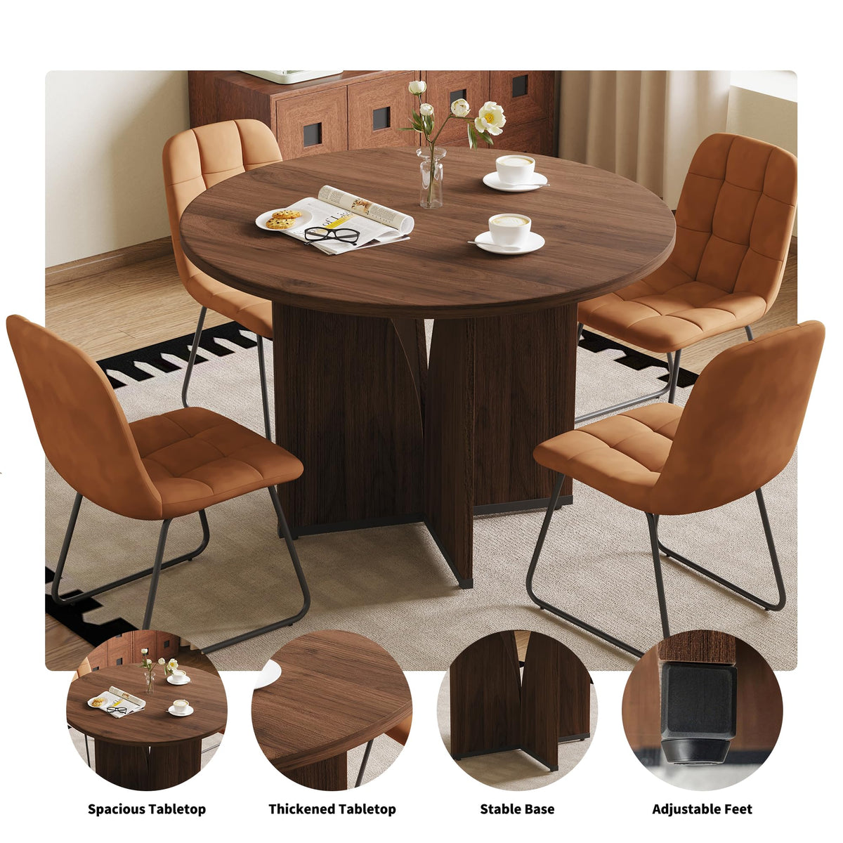 Inspired Saarinen Style Modern Round Dining Table Set for 4, 39.4" Walnut Kitchen Table with 4 PU Leather Chairs, 5-Piece Mid-Century Dining
