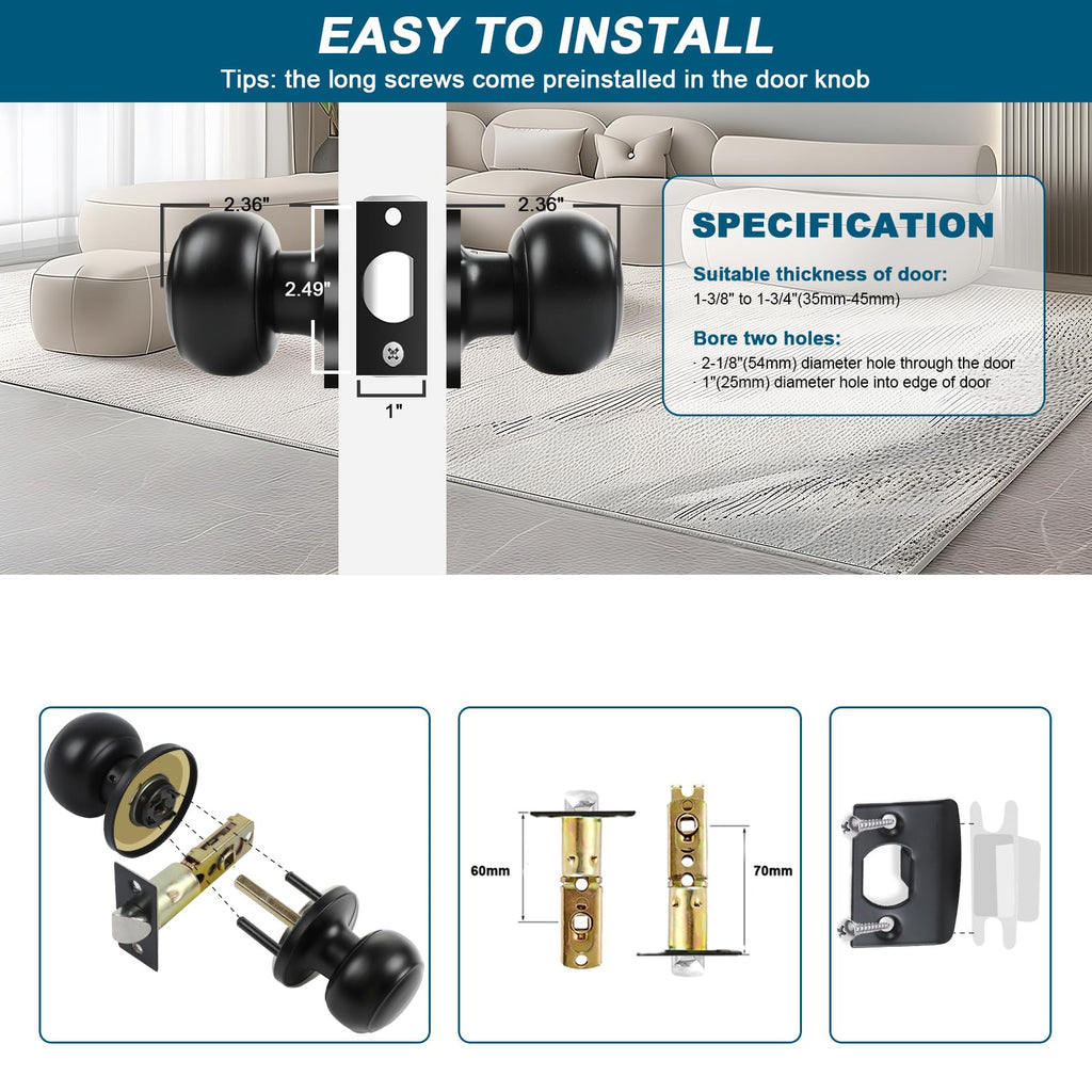 Passage Door Knobs, 5 Pack Matte Black Door Knobs, & Closet Non-Locking Interior Round Door Handles Keyless