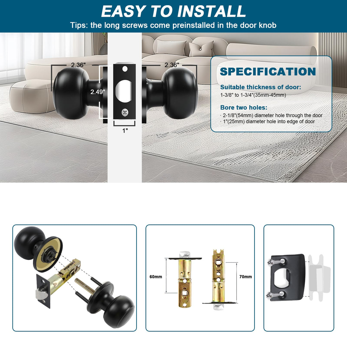 Passage Door Knobs, 5 Pack Matte Black Door Knobs, & Closet Non-Locking Interior Round Door Handles Keyless