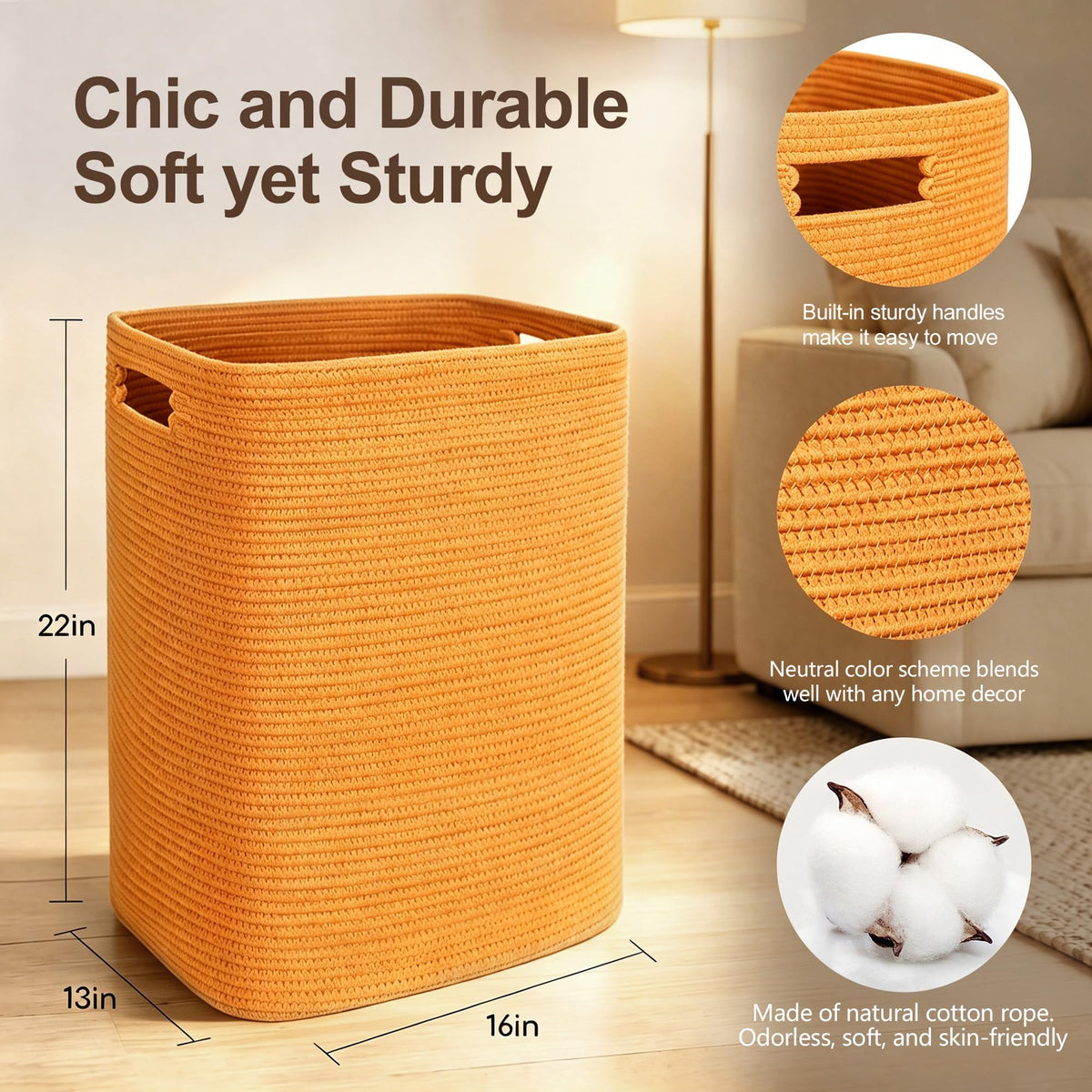Orange Laundry Hamper 16"x13"x22" - Tall Woven Laundry Basket, Large Cotton Rope Clothes Hamper, Bedroom Aesthetic