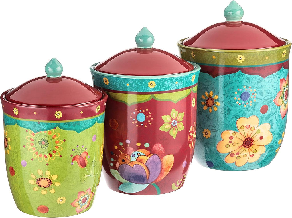 Tunisian Sunset 3-Piece Ceramic Canister Set - Colorful Floral Kitchen Storage Jars with Lids, Includes 104 oz., 72