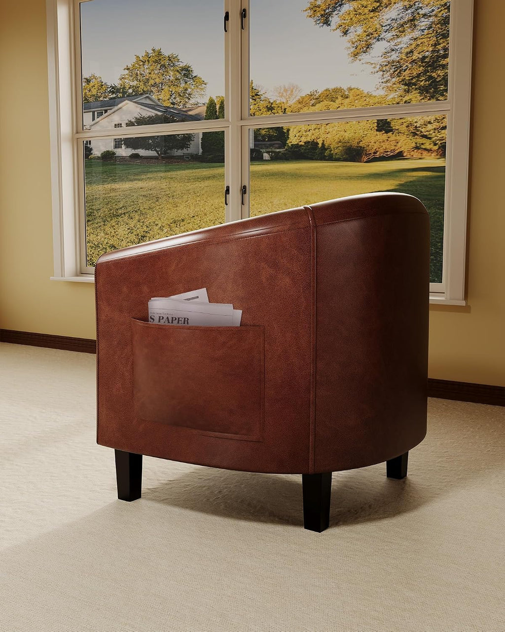 Accent Chairs Faux Leather Barrel Chair Club Armchair with Soft Seat Bedroom Reading Waiting Room - Brown - Set of 2