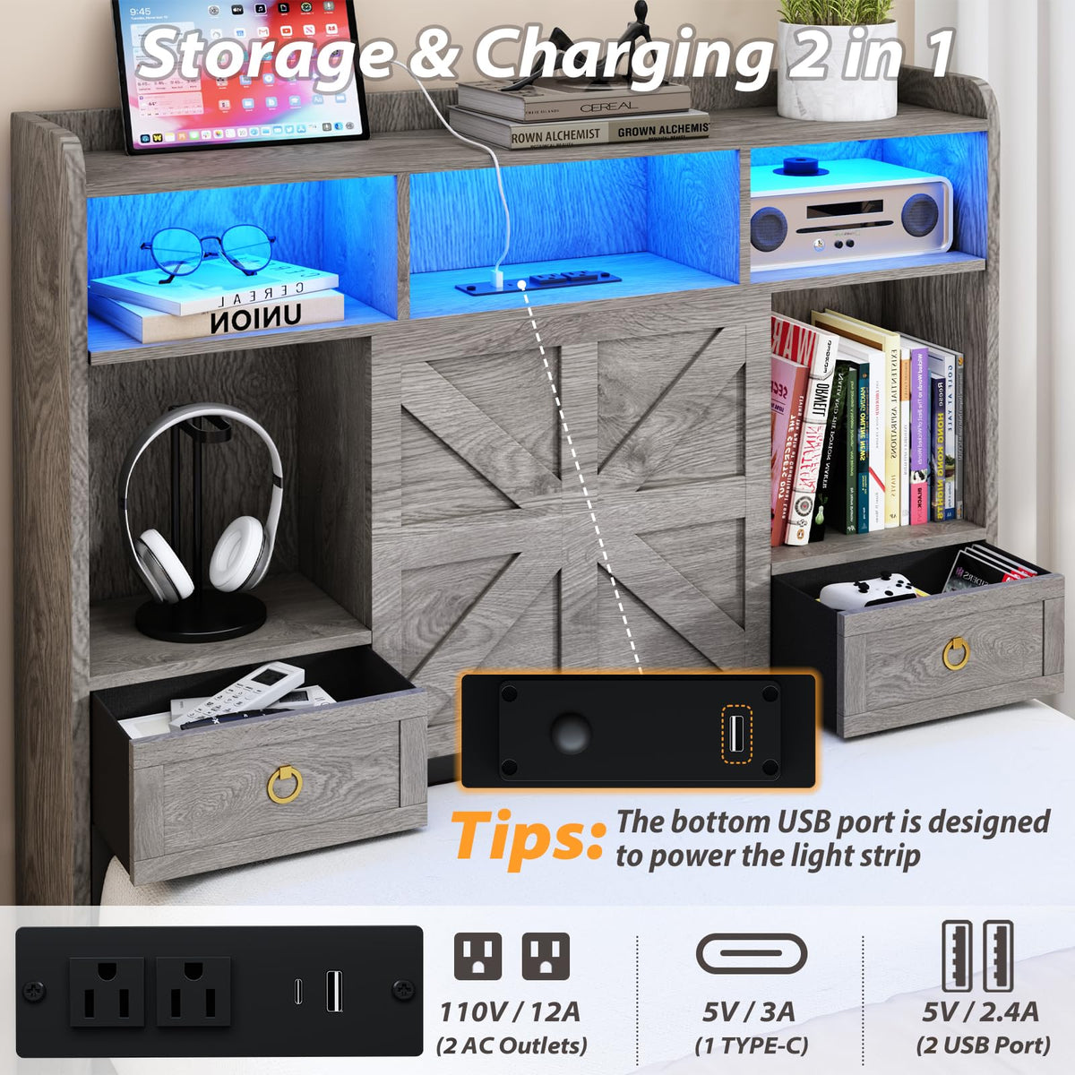 Bed Frame with Storage Headboard, Farmhouse Wood Bed Frame with 3 Drawers, LED Light & Charging