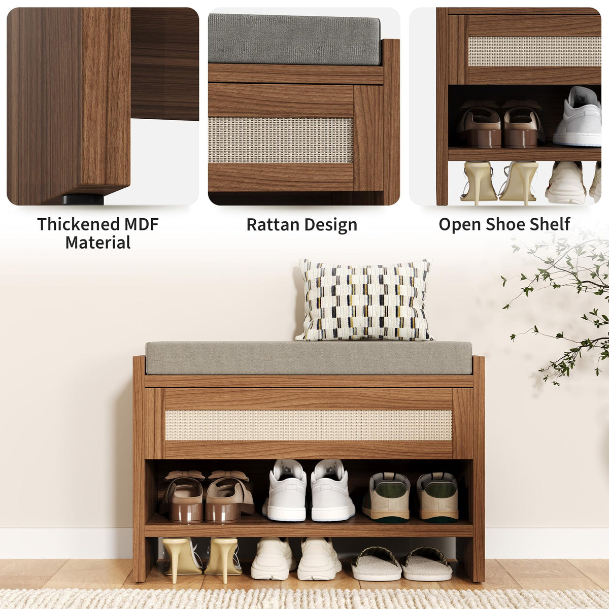 2PCS 31" L Farmhouse Shoe Bench with Storage Drawer & Linen Cushion - Wooden Entryway Bench with Open Shelf