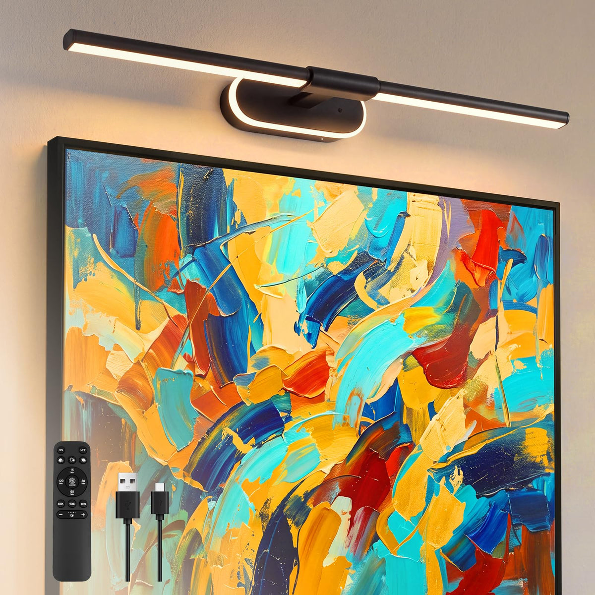 24" Wireless Picture Lights for Wall, Rechargeable Art Light with Timer