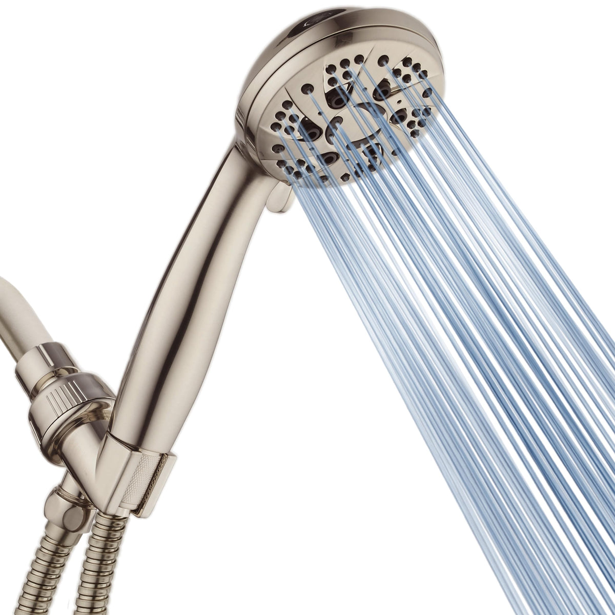 High Pressure 6-Setting Full Brushed Nickel Handheld Shower Head with Stainless Steel Hose. Officially Independently