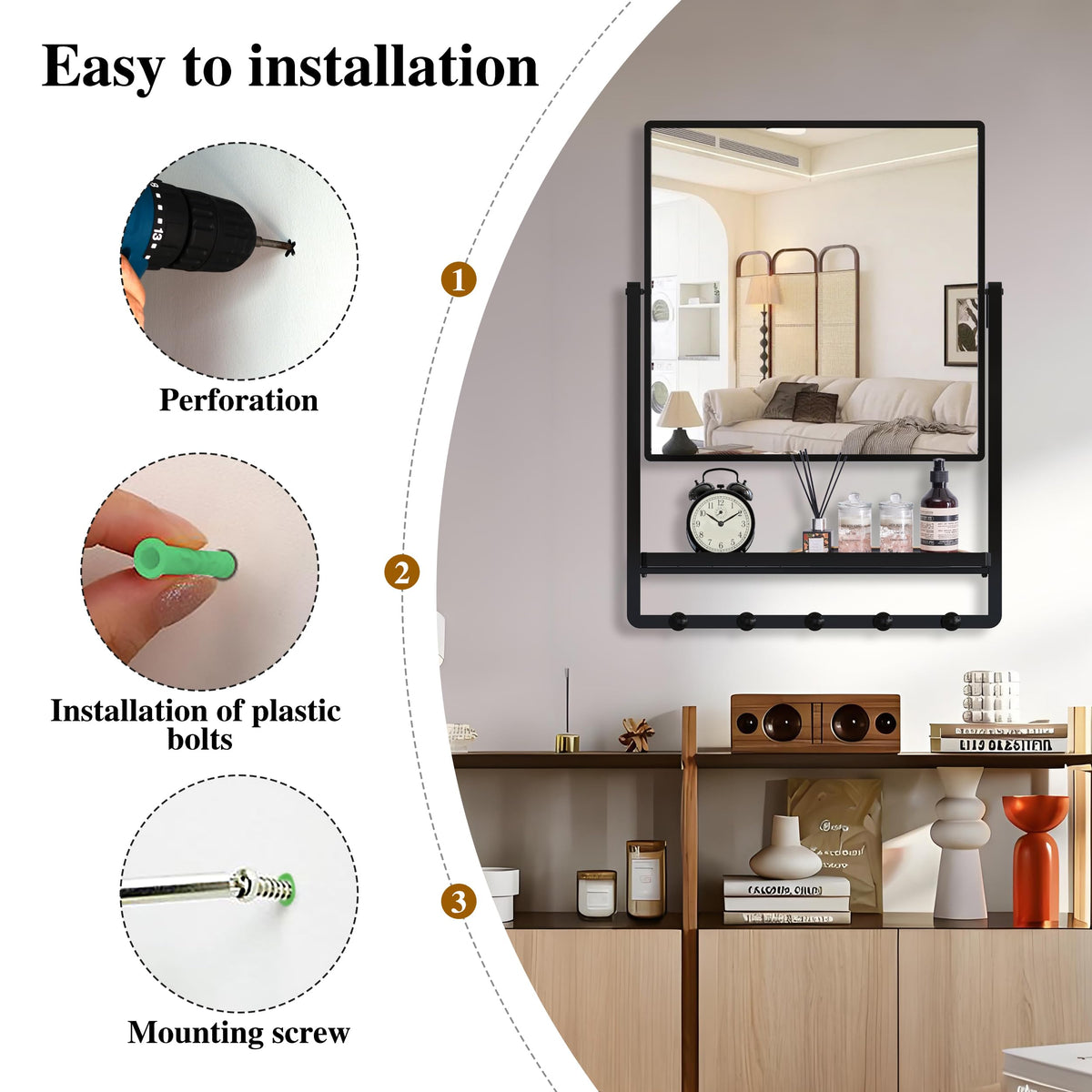 Wall Mirror with Shelf and Hooks 29.5" x 21.7" Bathroom Mirror