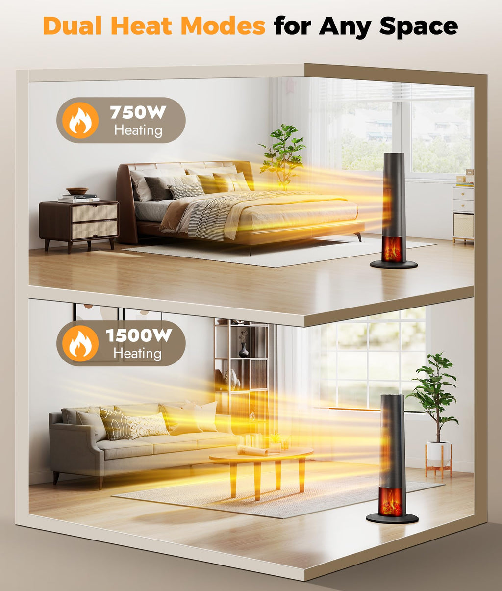 Tower Heater for Indoor Use - 25" Portable Space Heater with 3D Flame, Remote, Adjustable Thermostat, 2 Heat Modes
