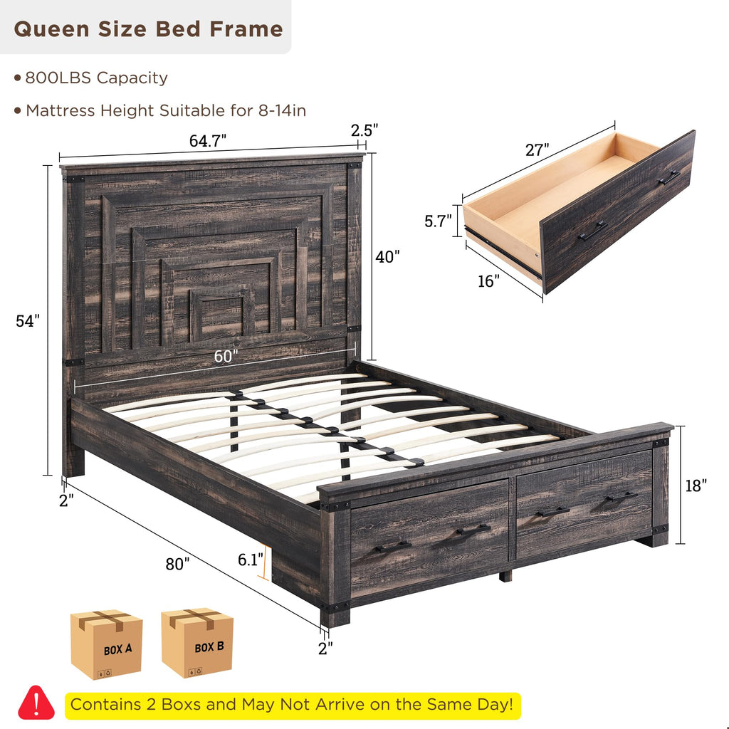 54" Tall Farmhouse Wood Bed Frame with Headboard, Dark Rustic Oak