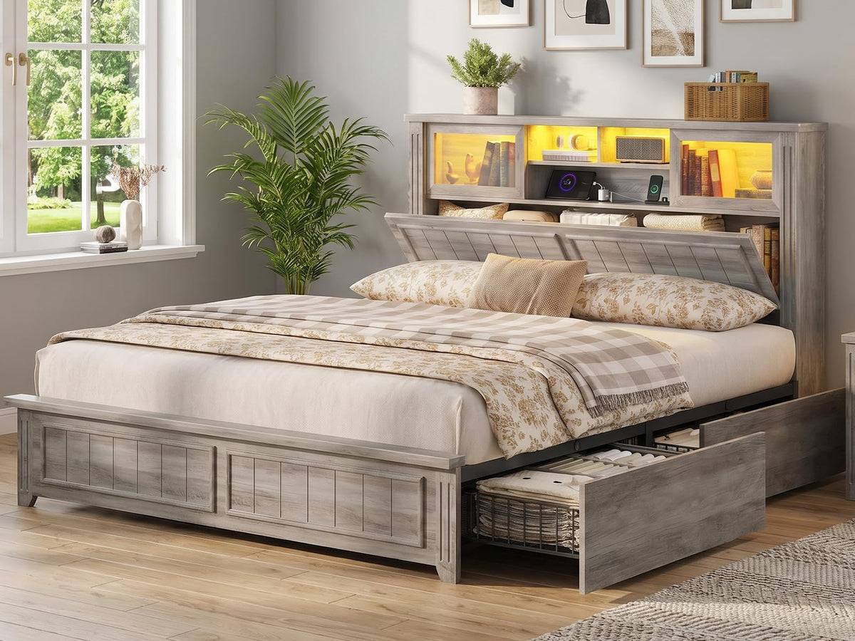 Bed Frame with Storage 4 Drawers and 3-Tier Hidden Headboard, Farmhouse Wooden Bed Frame with Acrylic