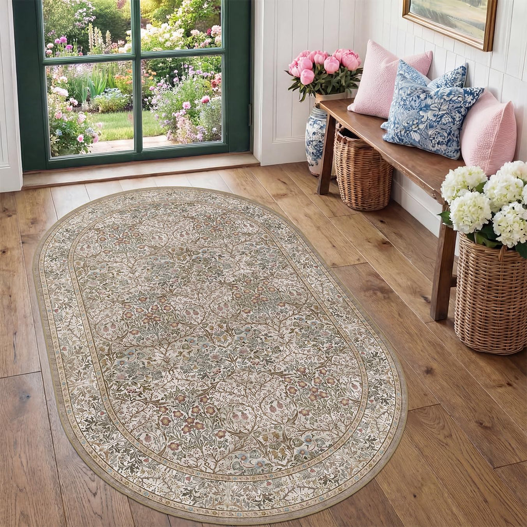 Vintage Moss Green Entryway Oval Rug, Washable Nature Rug, Boho Oriental Low Pile Stain Resistant Non-Slip Small
