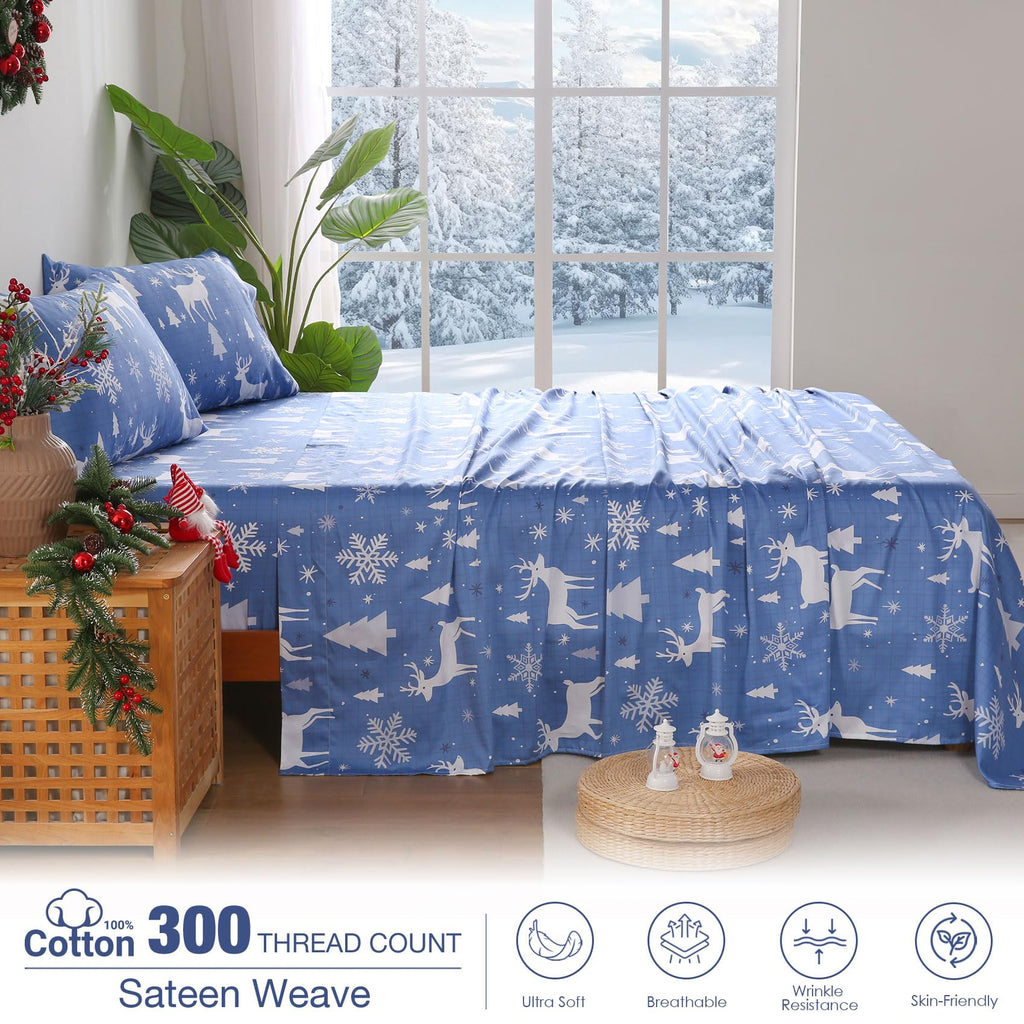Blue Buffalo Plaid Deer Printed Cotton Sheet Set Deep Pocket