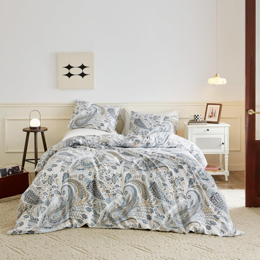 Flower Paisley Duvet Cover Queen 100% Cotton 3 Pcs Set 1 Vintage Boho Floral Duvet Cover with Zipper Ties 2