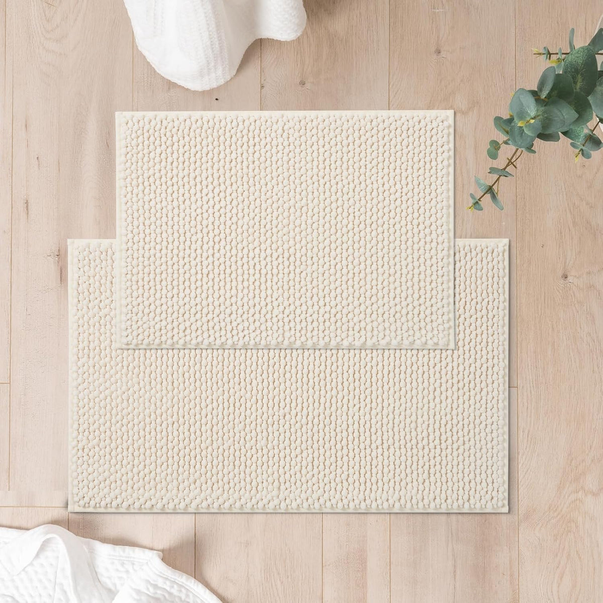 Chenille Bath Rugs Set 2 Pieces, Cream White, 17''x24''+20''x32'' | Non-Slip Bathroom Mats Set, Absorbent Fiber