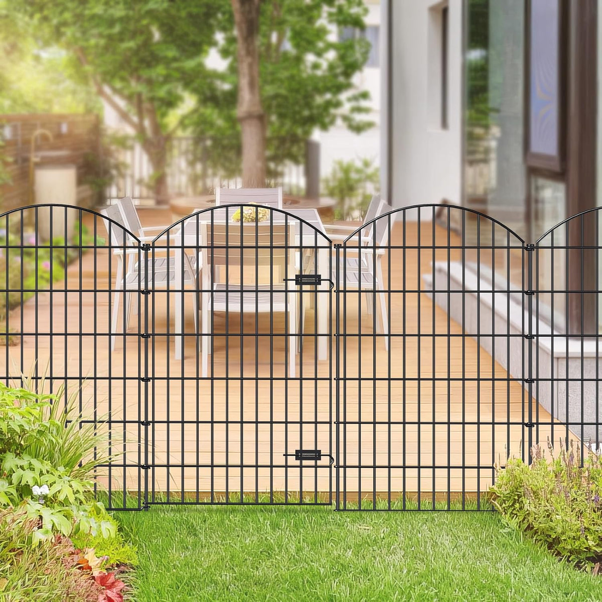 Metal Garden Fence with Gate 48in (H) x 20.3ft (L), 1 Gate+ 7 Panels Dog Fences Border Fence Animal Barrier, No Dig