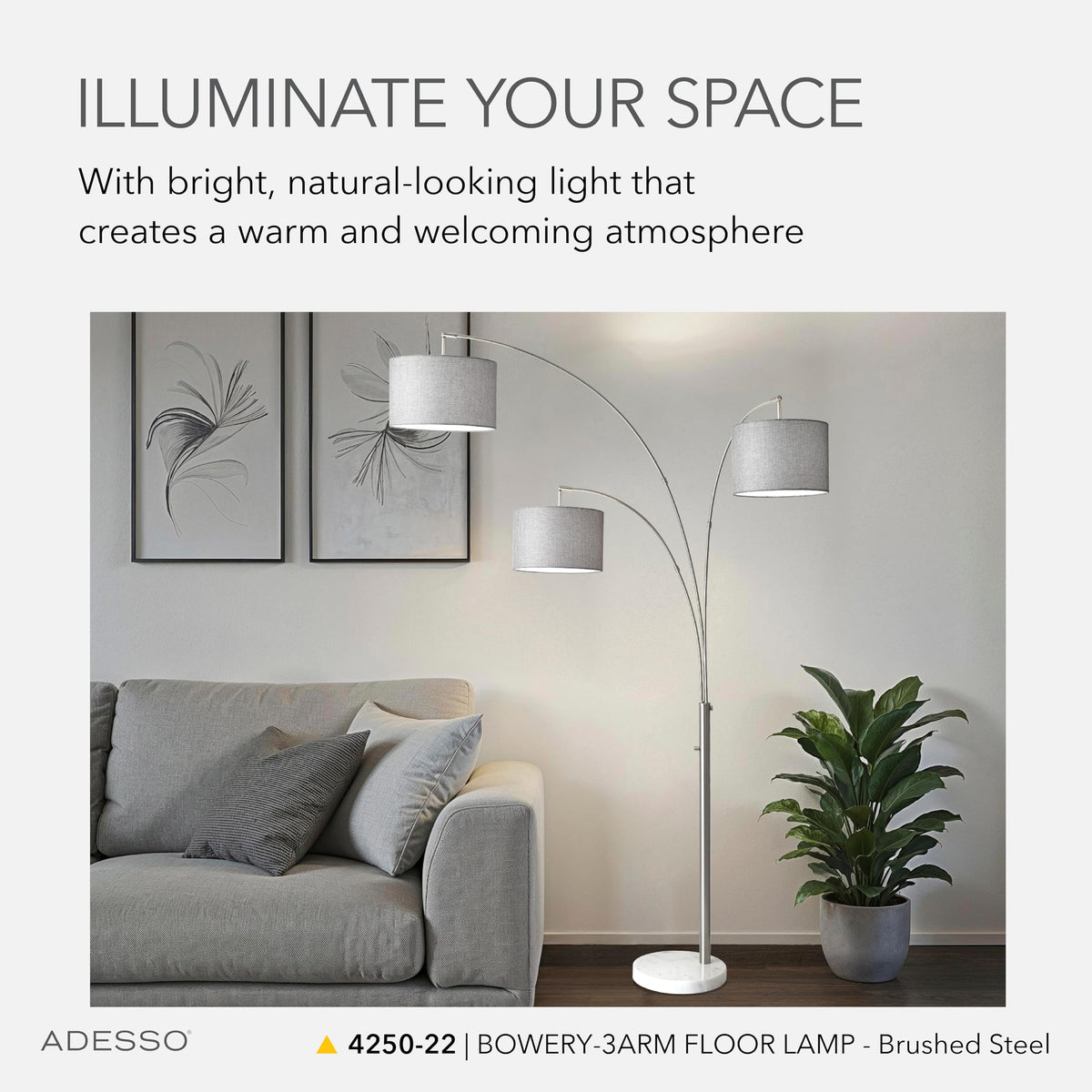 Inspired Arco Style 4250-22 Bowery 3-Arm Arc Lamp, 74 in, 3 x 100W Incandescent/26W CFL, Brushed Steel Finish, 1 Floor Lamp, Grey