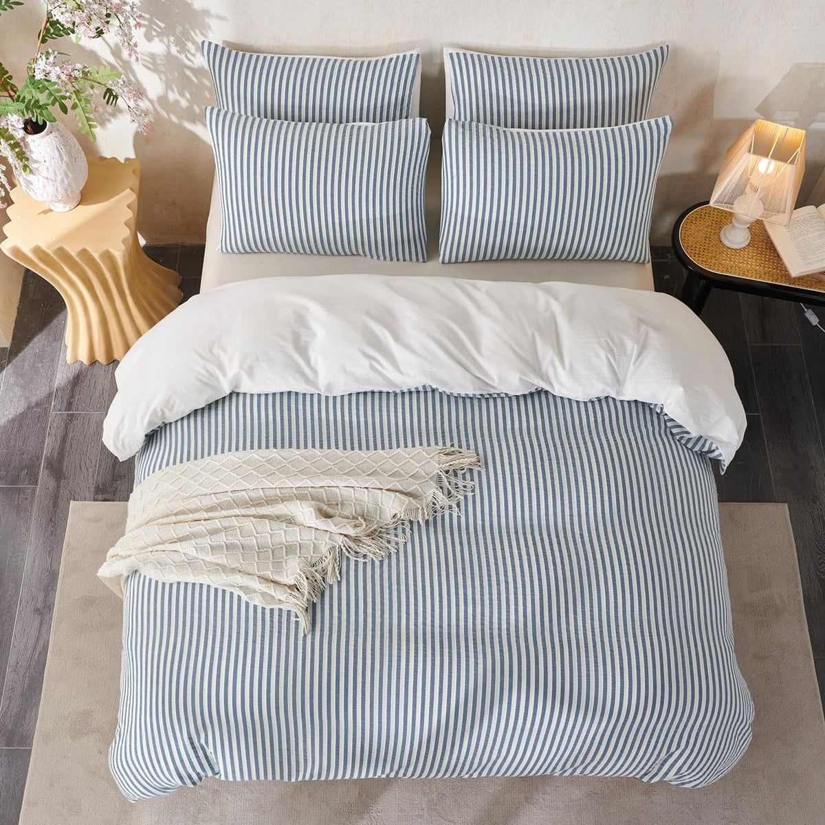 Denim Blue Duvet Cover Queen Striped Washed Cotton Jacquard 3 Pieces Blue Queen Striped Bedding Sets, with Zipper
