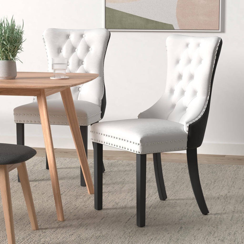 Black and White Dining Chairs Set of 4, Velvet Back, PU Leather Seat
