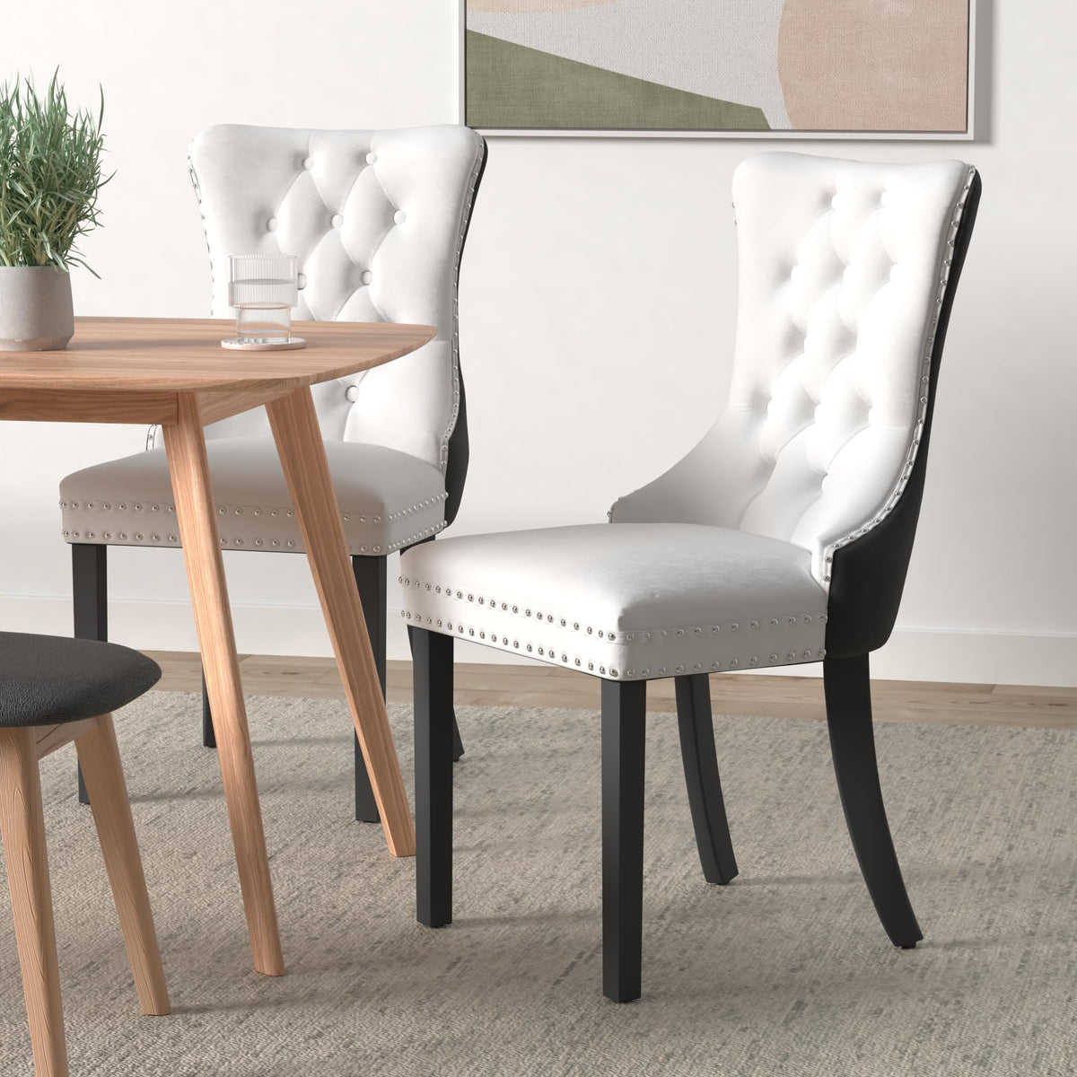 Black and White Dining Chairs Set of 4, Velvet Back, PU Leather Seat