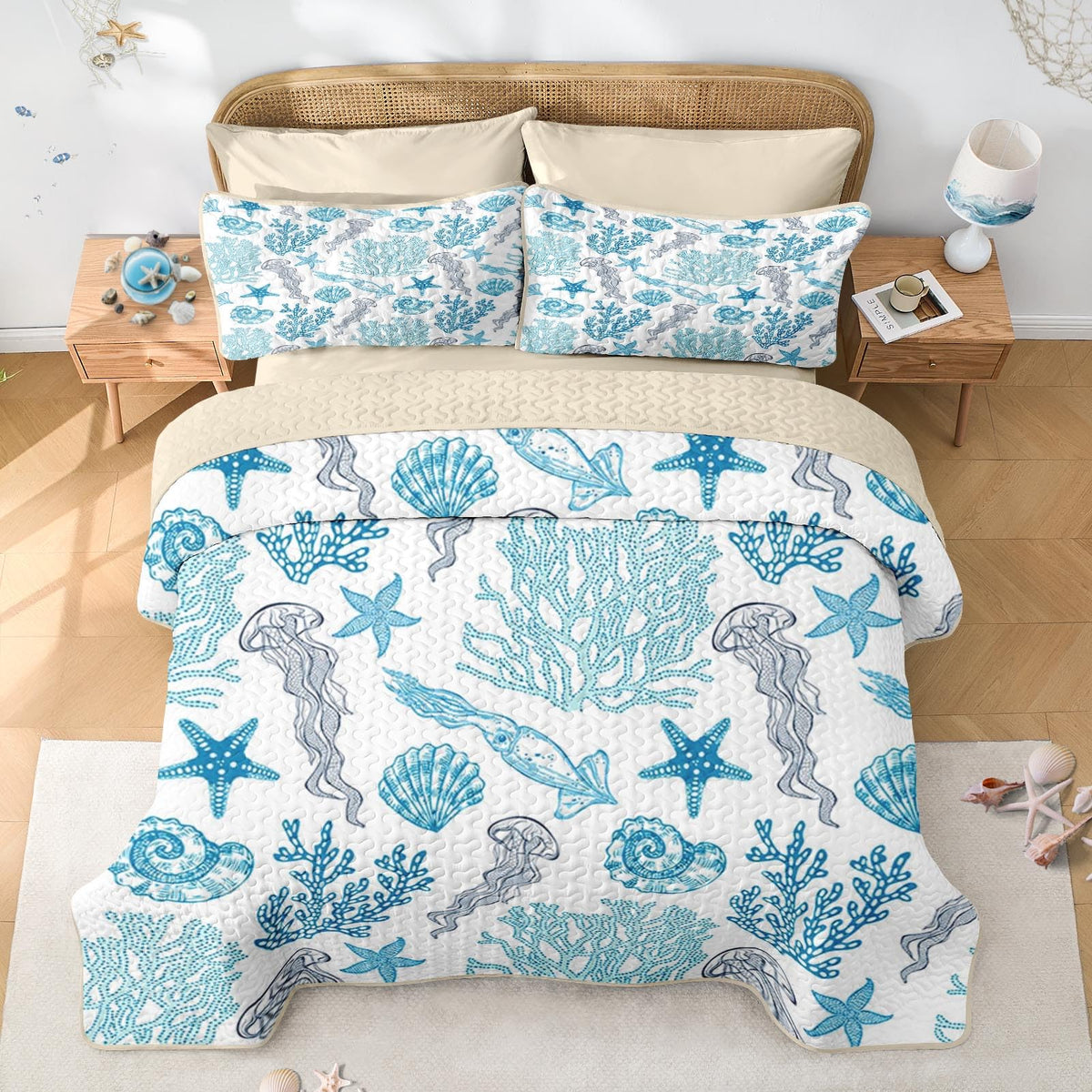 Quilt Set, 3 Pieces Ocean Beach Bedding, Bedspread