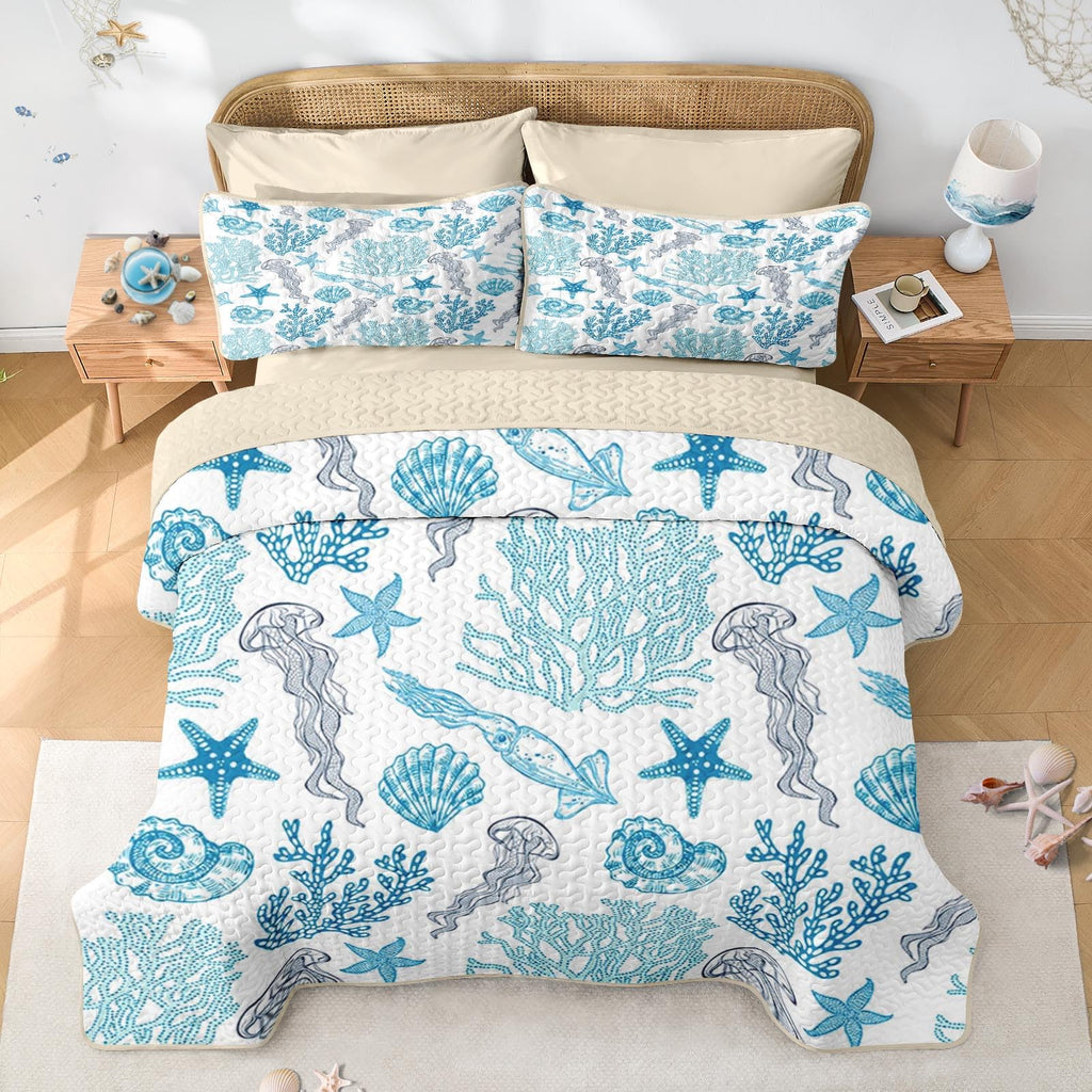 Quilt Set, 3 Pieces Ocean Beach Bedding, Bedspread