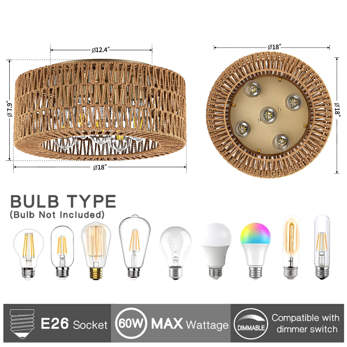 18" Rattan Light Fixture, 5-Light Boho Ceiling Light, Gold Flush Mount Ceiling Light