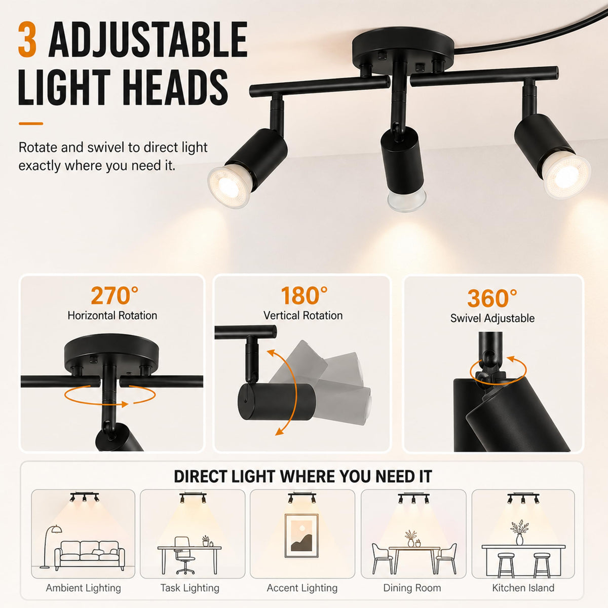 Plug in Track Lighting,Plug in Ceiling Light Fixture,Balck 3 Light Track Light with 16.4' Long Cord,3 Way Ceiling